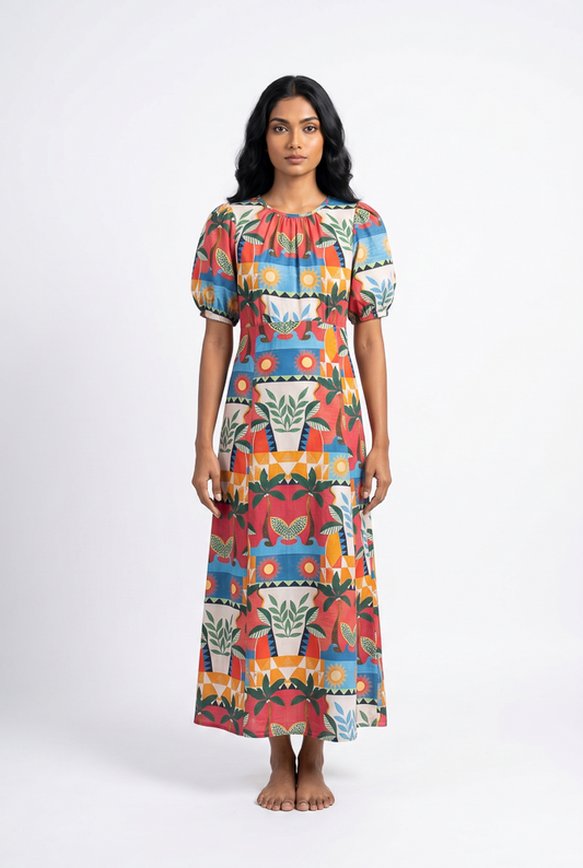 Vibrant Tropical Print Maxi Dress