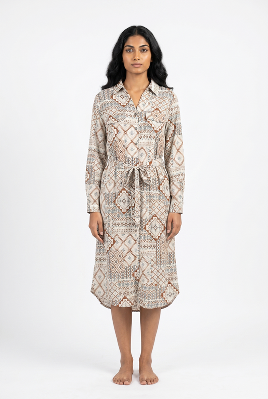Geo-Print Belted Dress