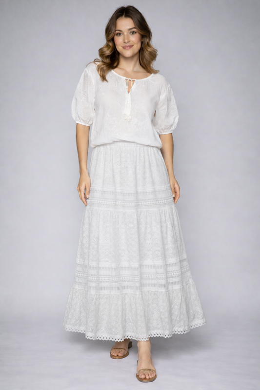 White Eyelet Tiered Maxi Skirt
