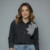 Women's Striped Lace Detail Button-Down Shirt Blouse