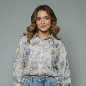 Women's Protea Floral Print Button-Down Shirt Blouse