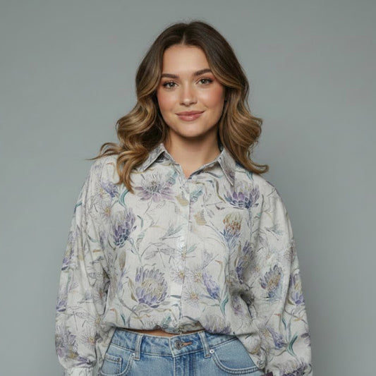 Women's Protea Floral Print Button-Down Shirt Blouse
