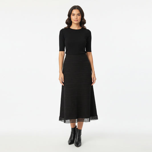 High-Waist Lace-Hem Midi Skirt