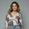 Women's Boho Printed Lace Trim Blouse