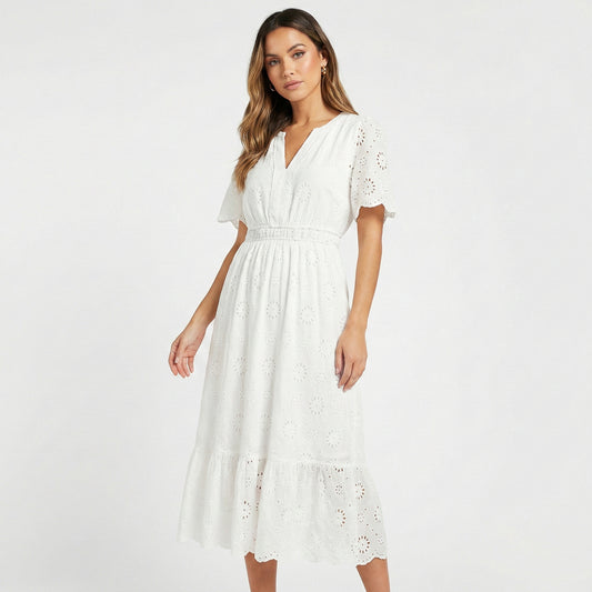 Women's White Broderie Anglaise Midi Dress Cutlon