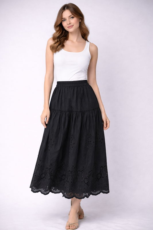 Eyelet Embroidered Flared Midi Skirt for girls