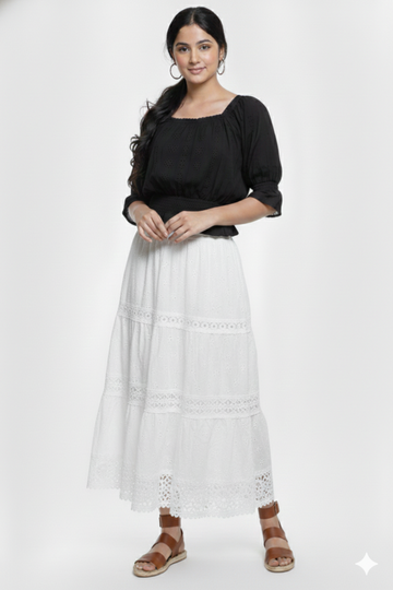 Women's White Lace Trim Long Skirt