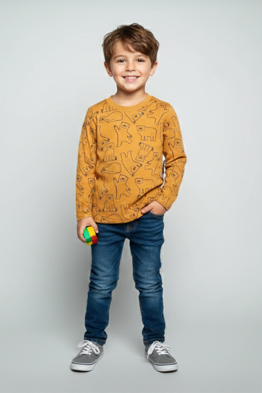 Bear Print Mustard Long Sleeve T-shirt