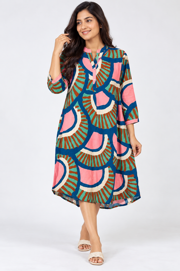 Women's Multicolour Fan Print Midi Dress