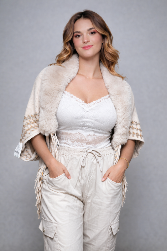 Patterned Knit Poncho with Faux Fur Accents Cardigan