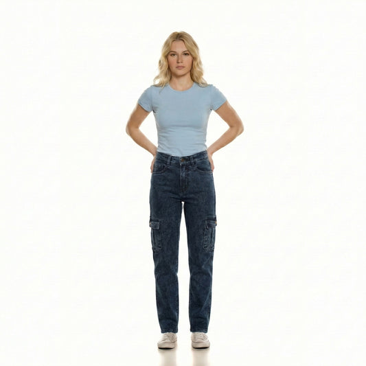 High-Waist Acid Wash Cargo Jeans