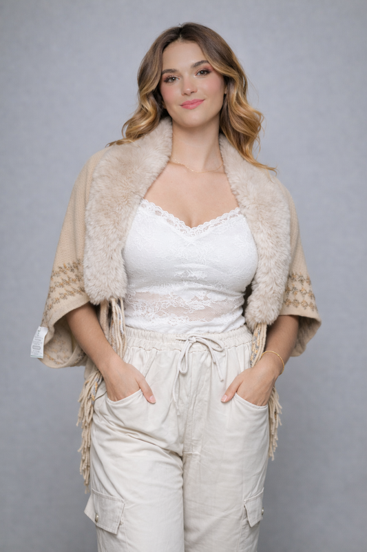 Patterned Knit Poncho with Faux Fur Accents Cardigan