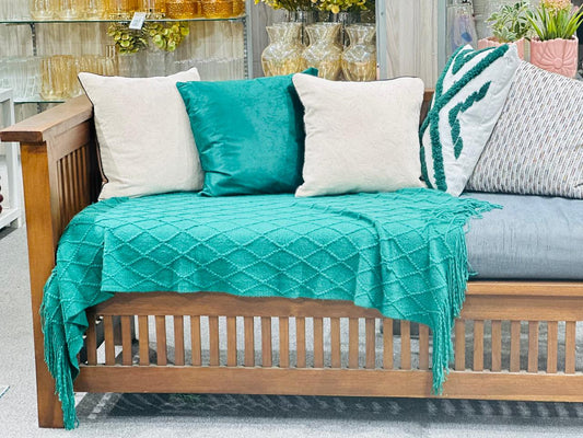 Green Diamond Woven Sofa Throw with Tassels