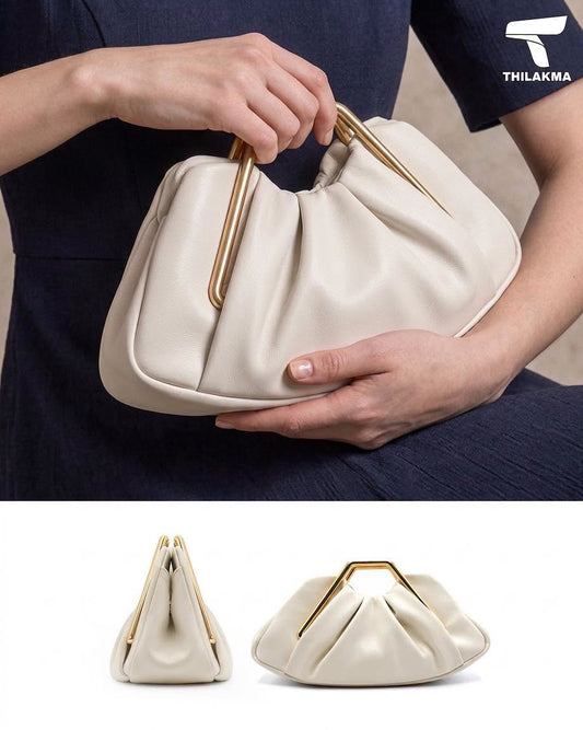 Women's Gold Frame Pleated Clutch Bag with Top Handle