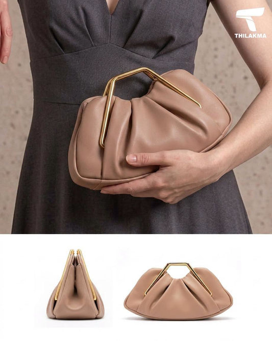 Women's Gold Frame Pleated Clutch Bag with Top Handle