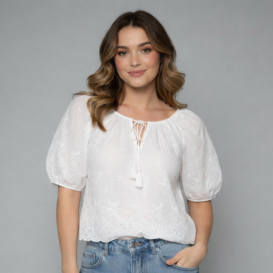 Women's White Eyelet Cotton Boho Blouse