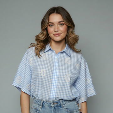 Women's Gingham Paisley Embroidered Button-Up Not Top