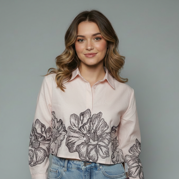 Women's Floral Border Print Button-Down Blouse