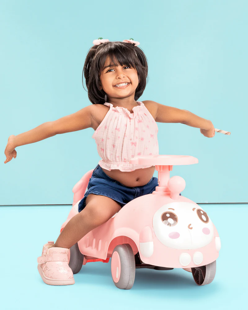 Pink panda ride-on toy car for kids - girl riding cute toddler push car
