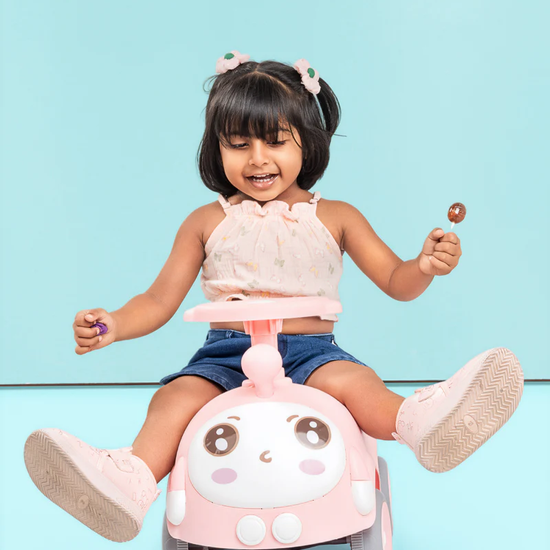 Cute pink panda baby ride-on car for girls - toddler girl sitting on kawaii push car