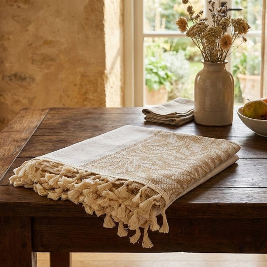 Beige Woven Throw Blanket with Tassel Fringe