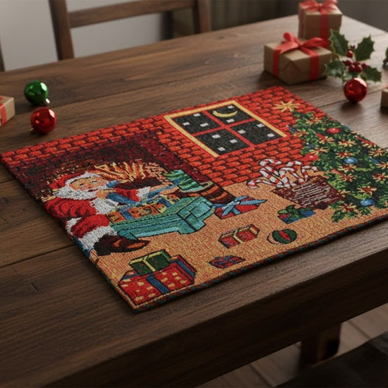 Decorative Christmas placemat with Santa Claus on a wooden table.