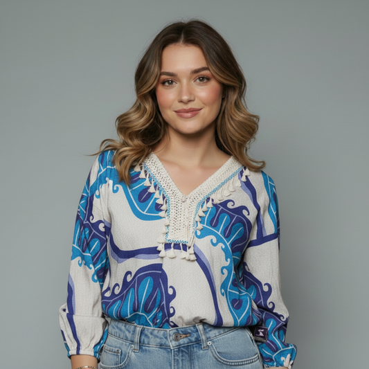 Women's Boho Printed Lace Trim Blouse
