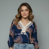Women's Boho Printed Lace Trim Blouse