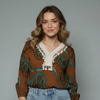 Women's Boho Printed Lace Trim Blouse