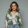 Women's Boho Printed Lace Trim Blouse