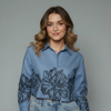 Women's Floral Border Print Button-Down Blouse