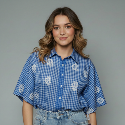Women's Gingham Paisley Embroidered Button-Up Not Top