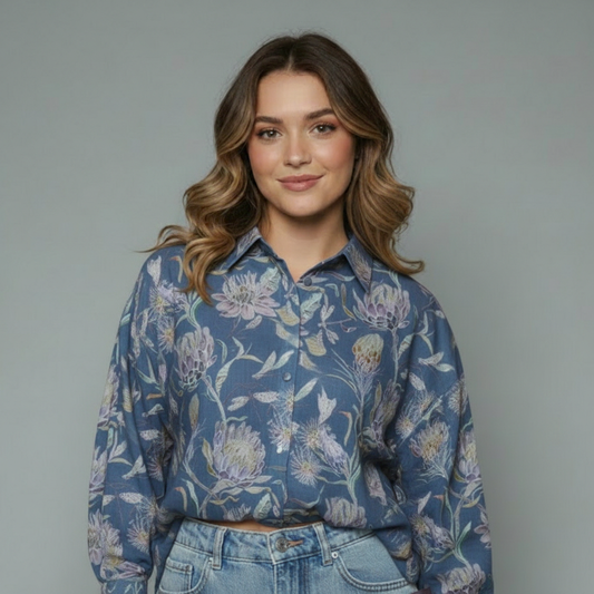Women's Protea Floral Print Button-Down Shirt Blouse