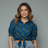 Palm Print Front Tie Knoy Blouse