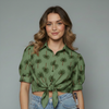 Palm Print Front Tie Knoy Blouse