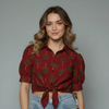 Palm Print Front Tie Knoy Blouse