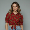 Palm Print Front Tie Knoy Blouse