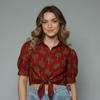Palm Print Front Tie Knoy Blouse