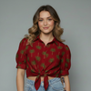 Palm Print Front Tie Knoy Blouse